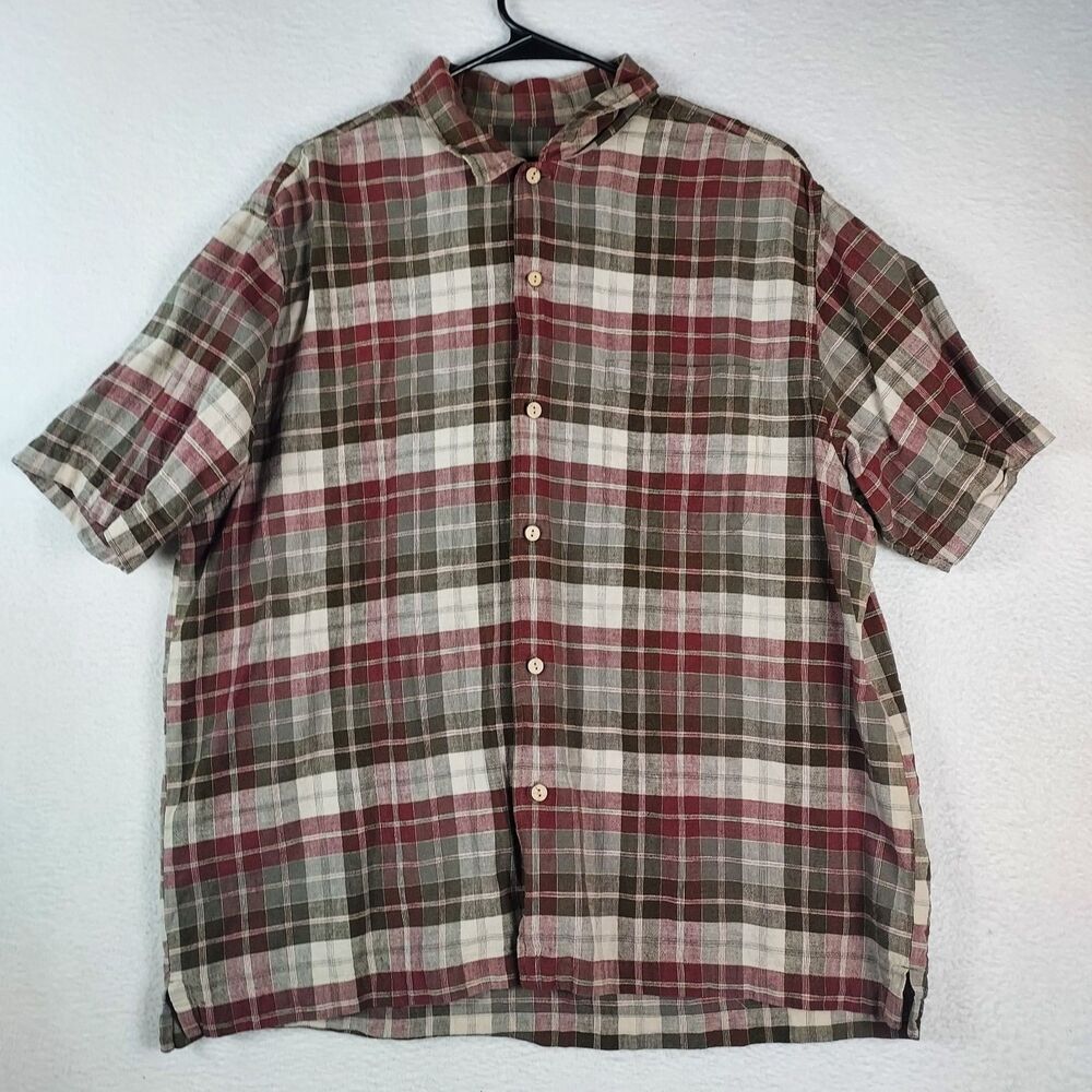 Eddie Bauer Shirt Mens Large Plaid Short Sleeve Linen Cotton Button Up
